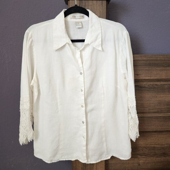 PETER MARTIN 100% Linen Shirt Women 14 Lace Trimmed Long Sleeve Button Top White - Picture 1 of 10